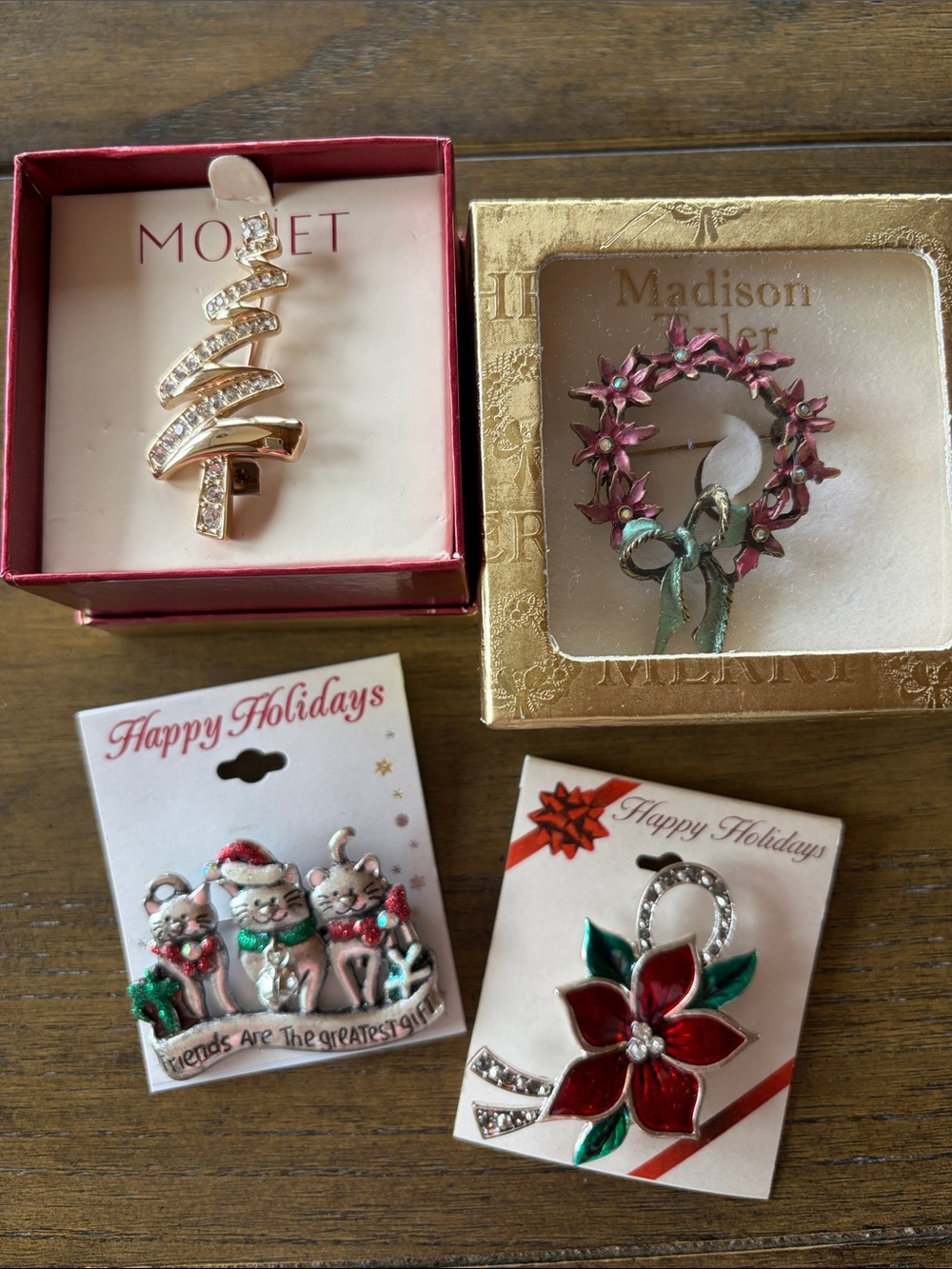 Set of 4 Vintage Holiday Christmas Brooches MONET, Madison Taylor, Cats, Flower